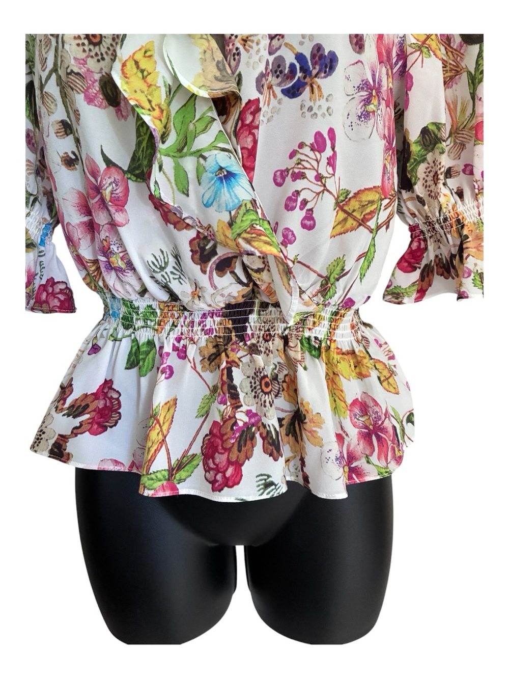 Milkmaid Romantic Summer Floral Ruffle Smocked V-Neck Peplum Blouse Sz XS - Picture 2 of 11